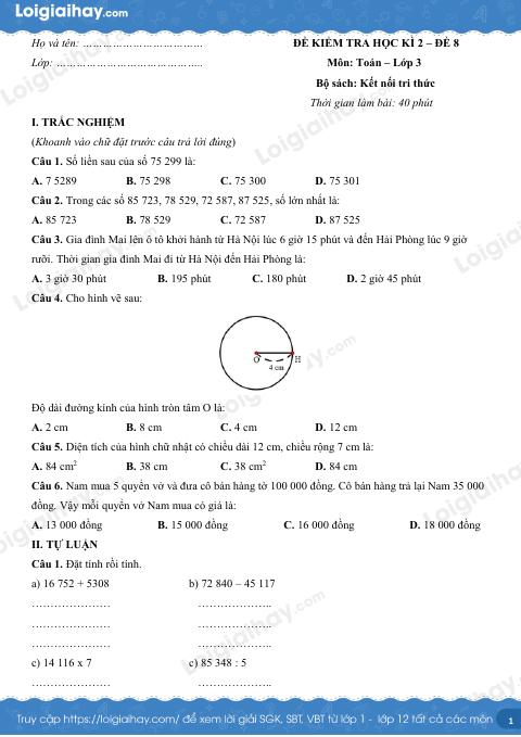 Đề kiểm tra học kì 2 Toán 3 Kết nối tri thức - Đề số 8
